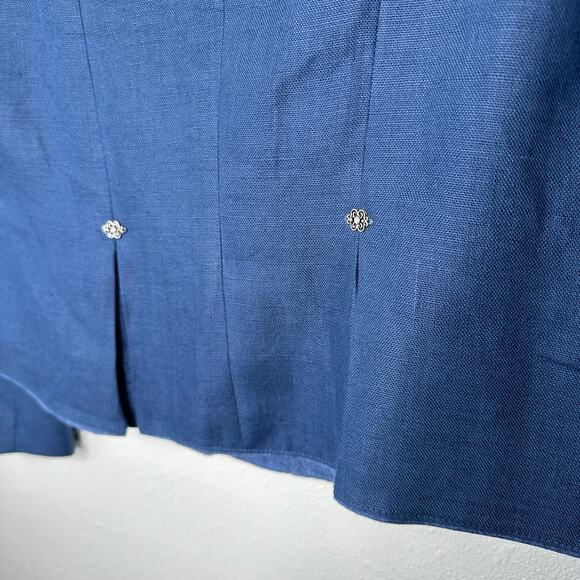 Loden Plankl Denim Blue Linen Band Neck Silver Decorative Buttons Blazer Jacket - Picture 7 of 12